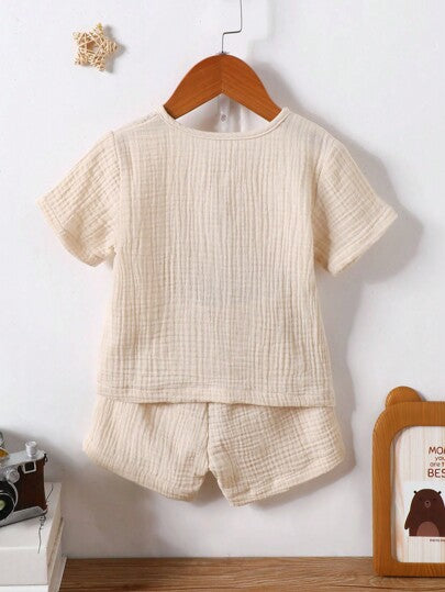 SHEIN Vintaside Kids لباس علوي طفل صبي مطوية ربع زر و شورت
