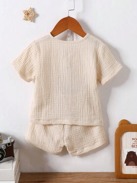 SHEIN Vintaside Kids لباس علوي طفل صبي مطوية ربع زر و شورت