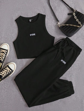 SHEIN EZwear مدرز بالحروف لباس علوي تانك & رباط خصر بناطيل رياضي