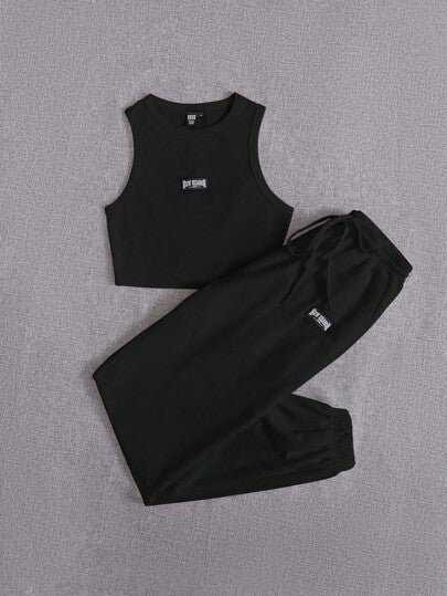 SHEIN EZwear مدرز بالحروف لباس علوي تانك & رباط خصر بناطيل رياضي