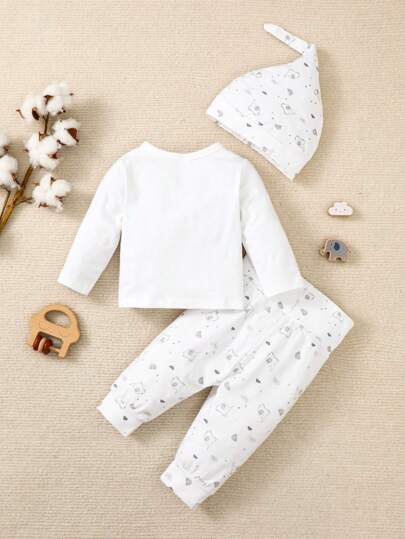 SHEIN Vintaside Kids تيشيرت قطني للأولاد مع بنطلون وقبعة مطبوعة برسوم كرتونية وأزرار أمامية