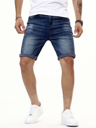 Manfinity Homme شورت جينز جورت مع جيب منحرف للرجال