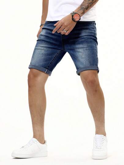 Manfinity Homme شورت جينز جورت مع جيب منحرف للرجال