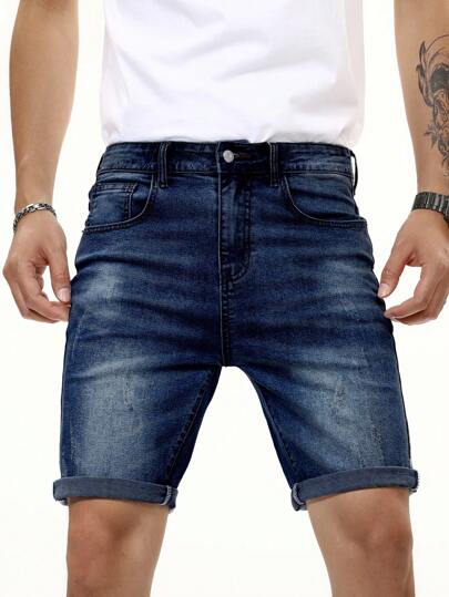Manfinity Homme شورت جينز جورت مع جيب منحرف للرجال