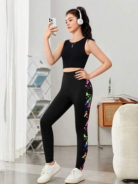 SHEIN طماق خصر عالي بطباعة حبر تحكم البطن منديل بنت شباب