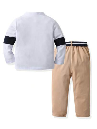 SHEIN قطعتان للأولاد أطفال، ملابس علوية كاجوال أكمام طويلة مزخرفة برقعات وتطريز للحصان، وبنطلون مع حزام، مناسب للخروج والسفر والحزب والعطلات، إطلالة أنيقة وعصرية