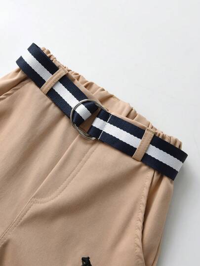 SHEIN قطعتان للأولاد أطفال، ملابس علوية كاجوال أكمام طويلة مزخرفة برقعات وتطريز للحصان، وبنطلون مع حزام، مناسب للخروج والسفر والحزب والعطلات، إطلالة أنيقة وعصرية