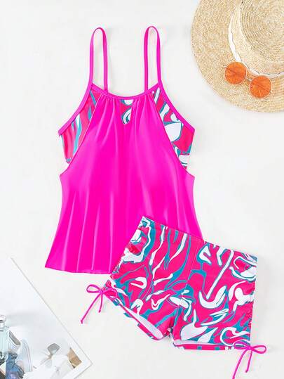 طقم تانكيني حريمي Swim Lushoire تانكيني مطبوع الطباعة الكلية مع خيط جذب على الجانب، موضة الصيف على الشاطئ