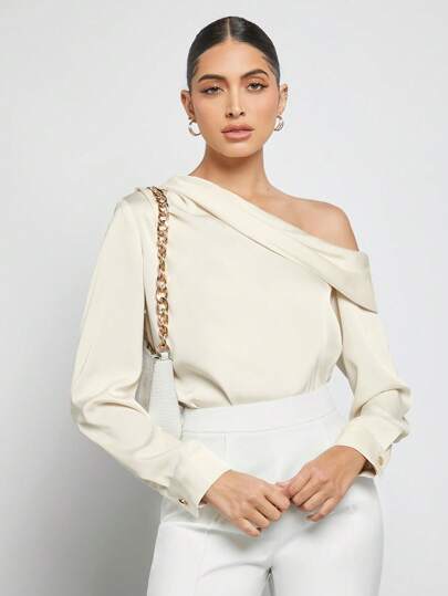 BizChic بلوزة ساتان مكشكشة بياقة غير متماثلة للنساء، قميص أنيق بأكمام طويلة للتنقل الحضري، الملابس الرسمية والكاجوال
