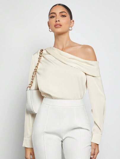 BizChic بلوزة ساتان مكشكشة بياقة غير متماثلة للنساء، قميص أنيق بأكمام طويلة للتنقل الحضري، الملابس الرسمية والكاجوال