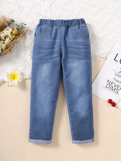 SHEIN Vintaside Kids 1 قطعة بنطال جينز مستقيم الساق بلون أزرق داكن مغسول بأسلوب كاجوال للكلية للفتيات