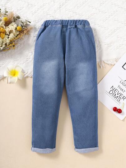SHEIN Vintaside Kids 1 قطعة بنطال جينز مستقيم الساق بلون أزرق داكن مغسول بأسلوب كاجوال للكلية للفتيات