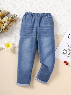 SHEIN Vintaside Kids 1 قطعة بنطال جينز مستقيم الساق بلون أزرق داكن مغسول بأسلوب كاجوال للكلية للفتيات