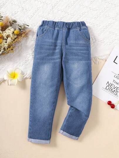 SHEIN Vintaside Kids 1 قطعة بنطال جينز مستقيم الساق بلون أزرق داكن مغسول بأسلوب كاجوال للكلية للفتيات