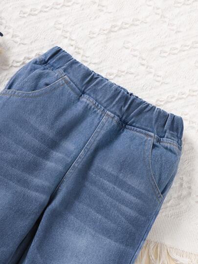 SHEIN Vintaside Kids 1 قطعة بنطال جينز مستقيم الساق بلون أزرق داكن مغسول بأسلوب كاجوال للكلية للفتيات