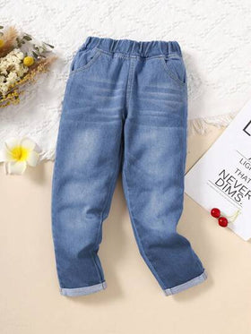 SHEIN Vintaside Kids 1 قطعة بنطال جينز مستقيم الساق بلون أزرق داكن مغسول بأسلوب كاجوال للكلية للفتيات