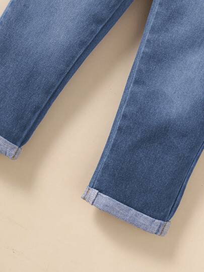 SHEIN Vintaside Kids 1 قطعة بنطال جينز مستقيم الساق بلون أزرق داكن مغسول بأسلوب كاجوال للكلية للفتيات