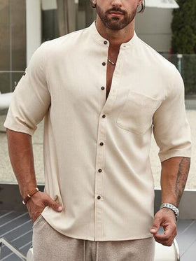 Manfinity CasualCool قميص رجالي طويل الأكمام أحادي اللون سهل الارتداء مع جيب حافظة مرقع، مناسب للزوج للخروج