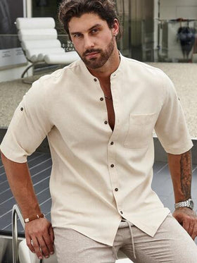 Manfinity CasualCool قميص رجالي طويل الأكمام أحادي اللون سهل الارتداء مع جيب حافظة مرقع، مناسب للزوج للخروج