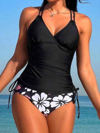 طقم تانكيني حريمي Swim Lushoire تانكيني ربطة جانبية بسحاب مطبوع بنقش زهري شاطئي صيفي