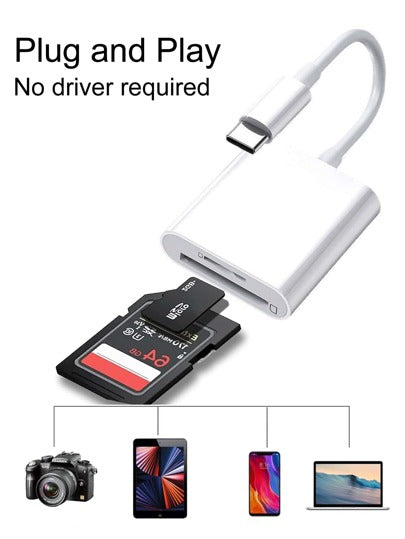 محول قارئ بطاقة الذاكرة 2 في 1 من النوع سي إلى بطاقة الذاكرة الصغيرة (microSD) والبطاقة القياسية (SD)، قابل للتوصيل والتشغيل، متوافق مع بطاقات الذاكرة SD وmicroSD بأنواعها المختلفة لكاميرات السيارة وكاميرات المراقبة والكاميرات الرقمية.