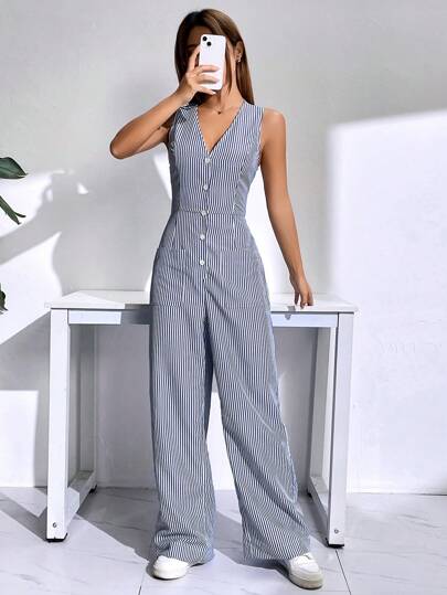 SHEIN EZwear بدسويت بساق واسع أزرار أمامية