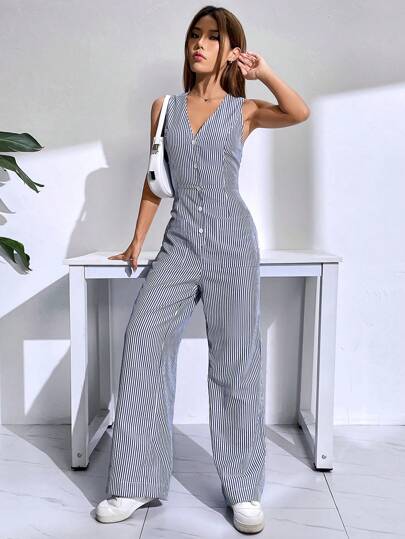 SHEIN EZwear بدسويت بساق واسع أزرار أمامية