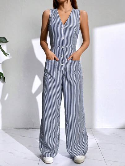 SHEIN EZwear بدسويت بساق واسع أزرار أمامية
