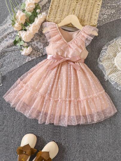 SHEIN Glamorique Kids فستان فتاة شابة دوبي شبكي مزين بكشكشة وحزام