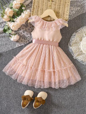 SHEIN Glamorique Kids فستان فتاة شابة دوبي شبكي مزين بكشكشة وحزام