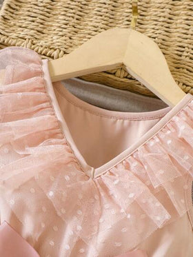 SHEIN Glamorique Kids فستان فتاة شابة دوبي شبكي مزين بكشكشة وحزام
