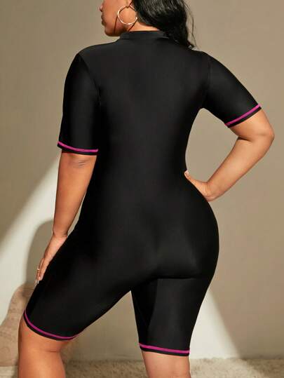 Swim SPRTY ملابس سباحة قطعة واحدة شريط متباين سستة امامي مقاس كبير