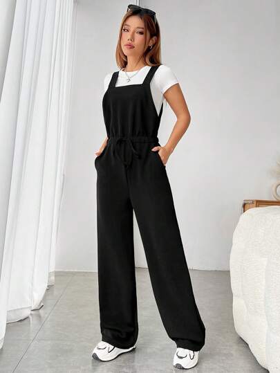 SHEIN EZwear جمبسوت بحمالات موحدة اللون حزام بدون تي شيرت