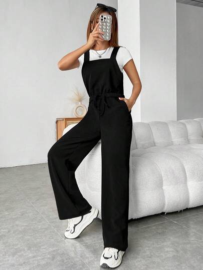 EZwear جمبسوت بحمالات موحدة اللون حزام بدون تي شيرت
