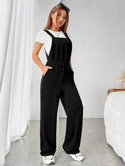SHEIN EZwear جمبسوت بحمالات موحدة اللون حزام بدون تي شيرت