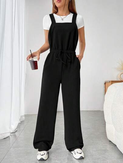 SHEIN EZwear جمبسوت بحمالات موحدة اللون حزام بدون تي شيرت