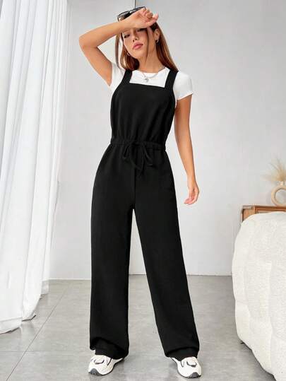 SHEIN EZwear جمبسوت بحمالات موحدة اللون حزام بدون تي شيرت
