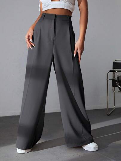 EZwear بنطلون أرجل واسعة غير رسمي بتفاصيل طيات صلبة للربيع