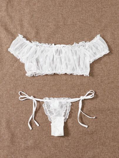 Pure Desire طقم ملابس داخلية مقلم بنمط الخس شبكي مزهر