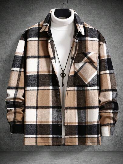 Manfinity Homme جاكيت رجالية فضفاضة مطبوعة بالمربعات مع جيوب بغطاء وأكتاف منسدلة، جاكيت كاجوال طويلة الأكمام ملونة خفيفة الوزن للخروج، لون خاكي مربعات، هدية للأصدقاء والأزواج والأحباء، للخريف