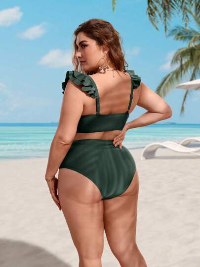 Swim Lushoire مجموعة بيكيني مجدولة بقطعة واحدة في مقاس كبير، مع تفصيل الكشكشة، للصيف والشاطئ