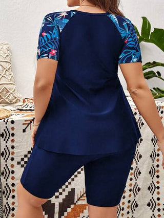 Swim Lushoire مجموعة شورت وتيشيرت بأكمام قصيرة برينت استوائي مقاسات كبيرة للشاطئ الصيفي