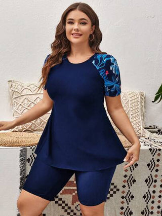 Swim Lushoire مجموعة شورت وتيشيرت بأكمام قصيرة برينت استوائي مقاسات كبيرة للشاطئ الصيفي