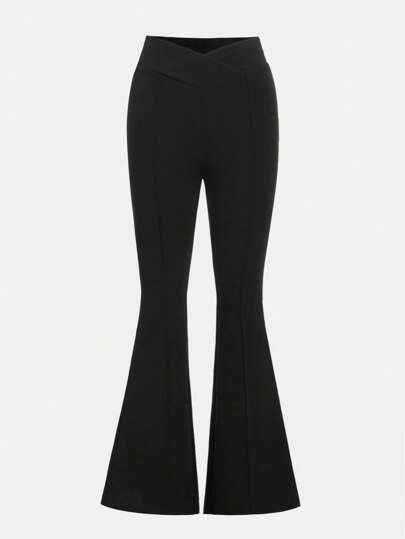 SHEIN Girlism بنطلون مطاطي واسع الساق أنيق بخصر على شكل حرف V لفتاة مراهقة بلون أحادي