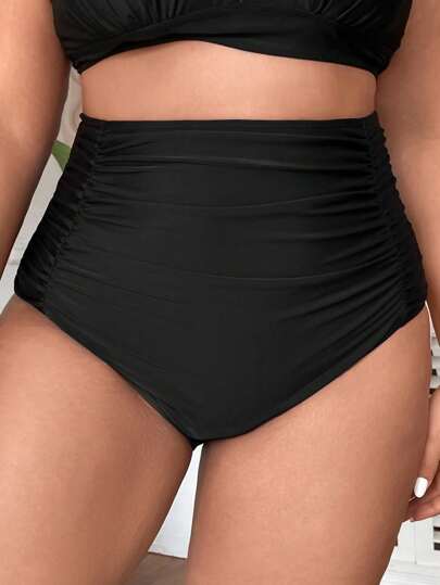 Swim Basics سروال بيكيني تجاعيد خصر عالي مقاس كبير
