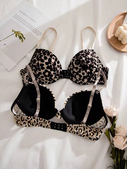 Shein Underwear&Sleepwear Basics حمالة صدر طباعة الفهد حلقة معدني 5 قطع