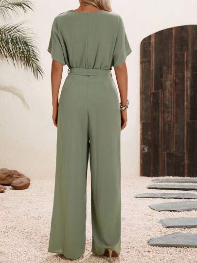 SHEIN LUNE جمبسوت موحدة اللون حزام ساق عريضة بتفاصيل مطوي