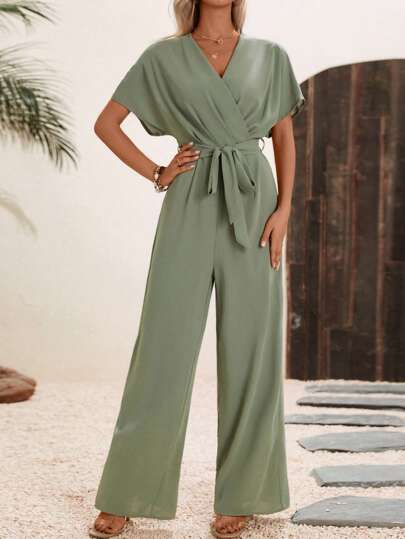 SHEIN LUNE جمبسوت موحدة اللون حزام ساق عريضة بتفاصيل مطوي