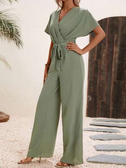 SHEIN LUNE جمبسوت موحدة اللون حزام ساق عريضة بتفاصيل مطوي