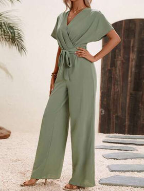 SHEIN LUNE جمبسوت موحدة اللون حزام ساق عريضة بتفاصيل مطوي